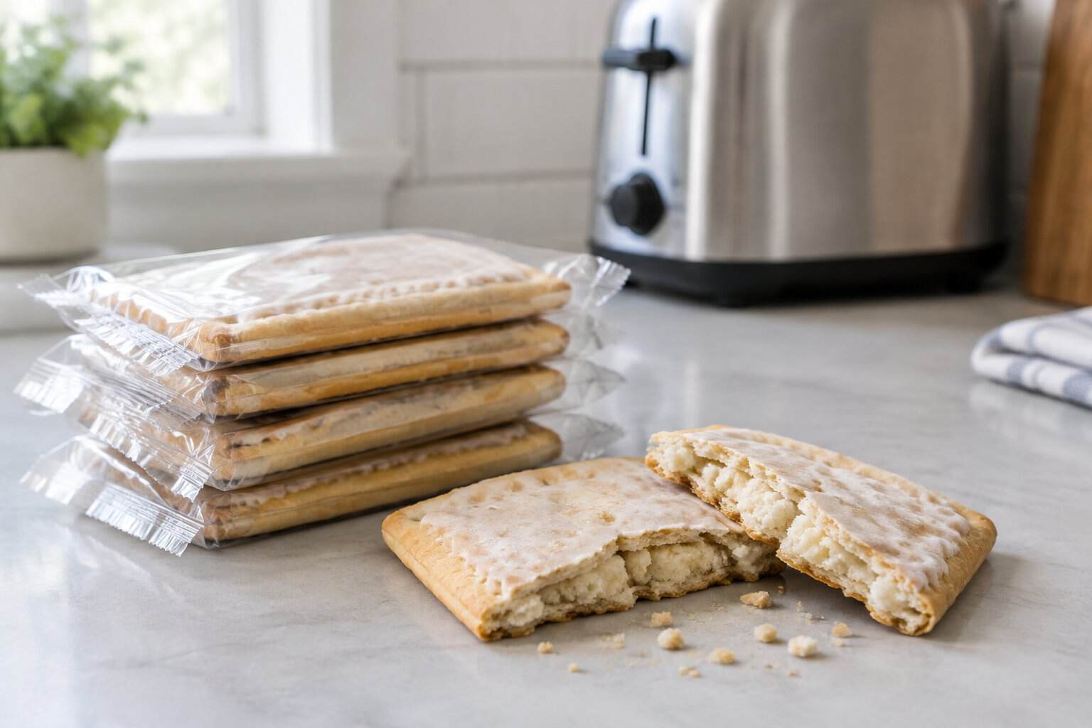 Packaged toaster pastries beside one broken open on a kitchen counter.