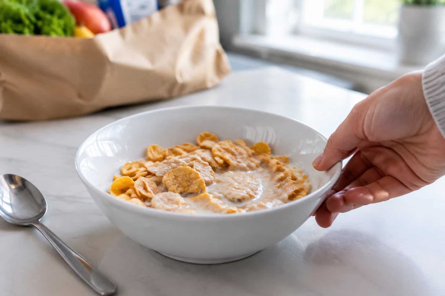 A bowl of frosted cereal sits on a kitchen table as a shopper moves it aside.