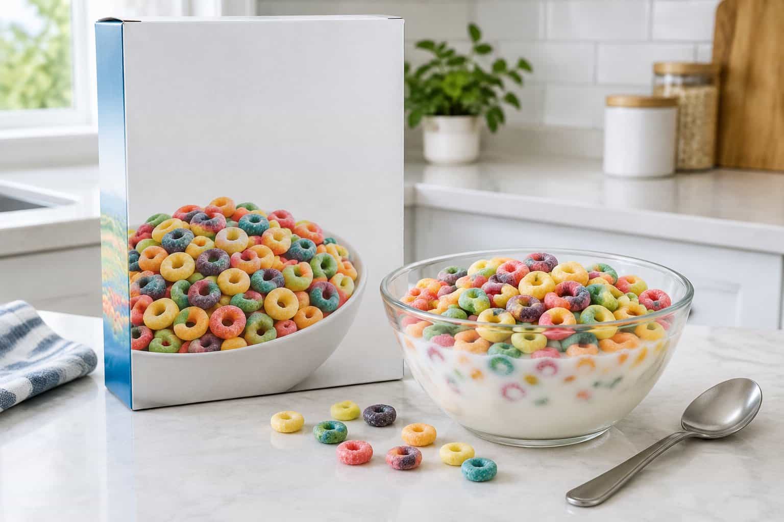 A bowl of colorful ring-shaped cereal with milk beside a plain cereal box.