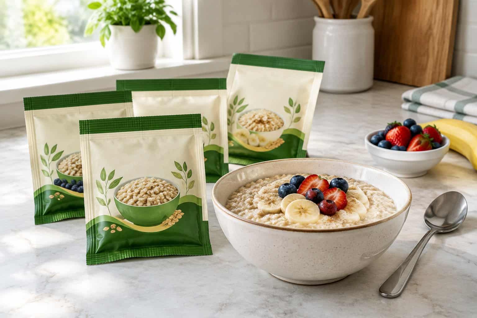 Instant oatmeal packets beside a bowl of oatmeal on a kitchen counter.
