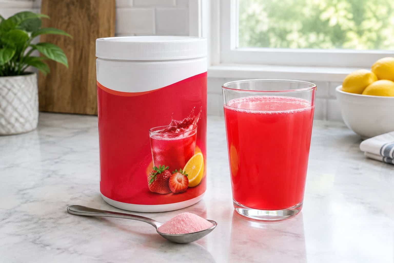 A powdered drink mix container beside a glass of prepared drink on a kitchen counter.