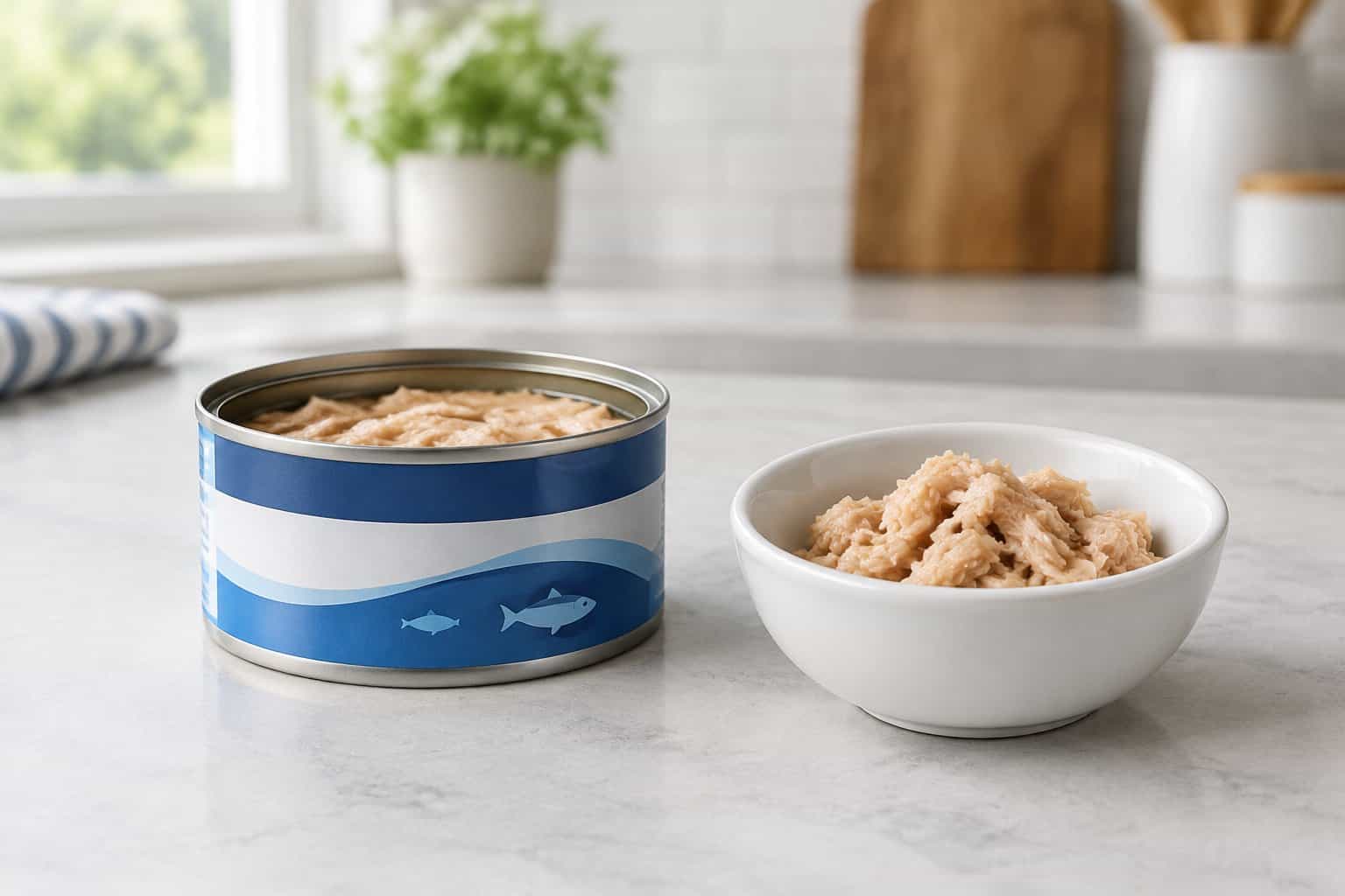 A can of tuna beside a small bowl of tuna flakes on a kitchen counter.