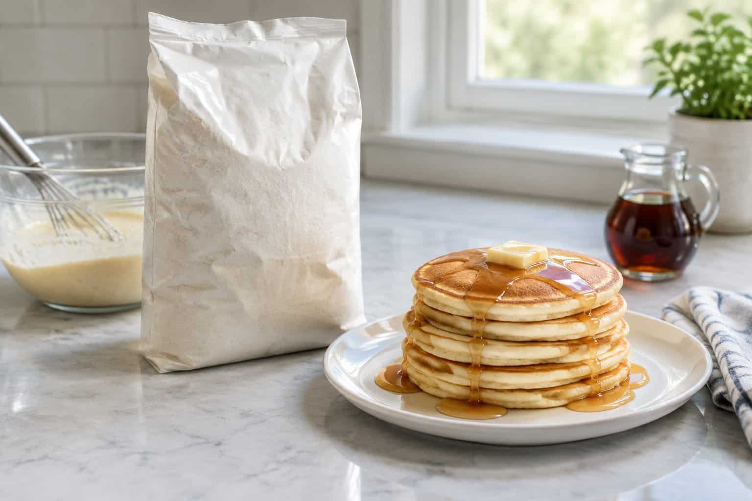 A bag of pancake mix beside a stack of pancakes on a kitchen counter.