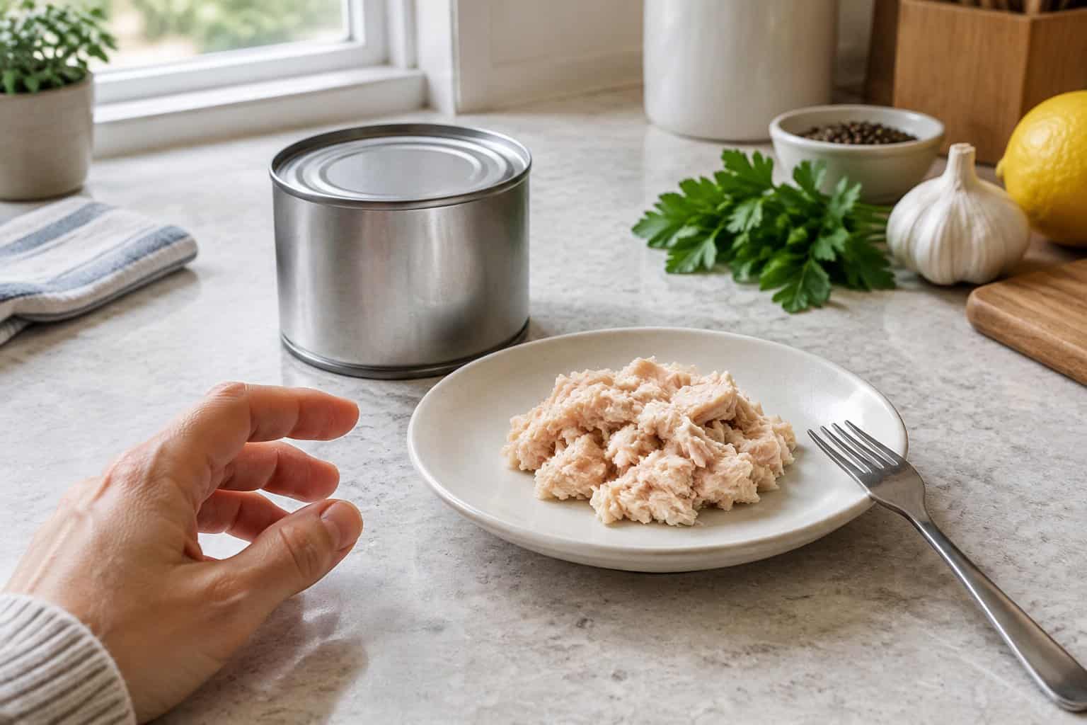 A can of chicken sits beside a plate of canned chicken on a kitchen counter.