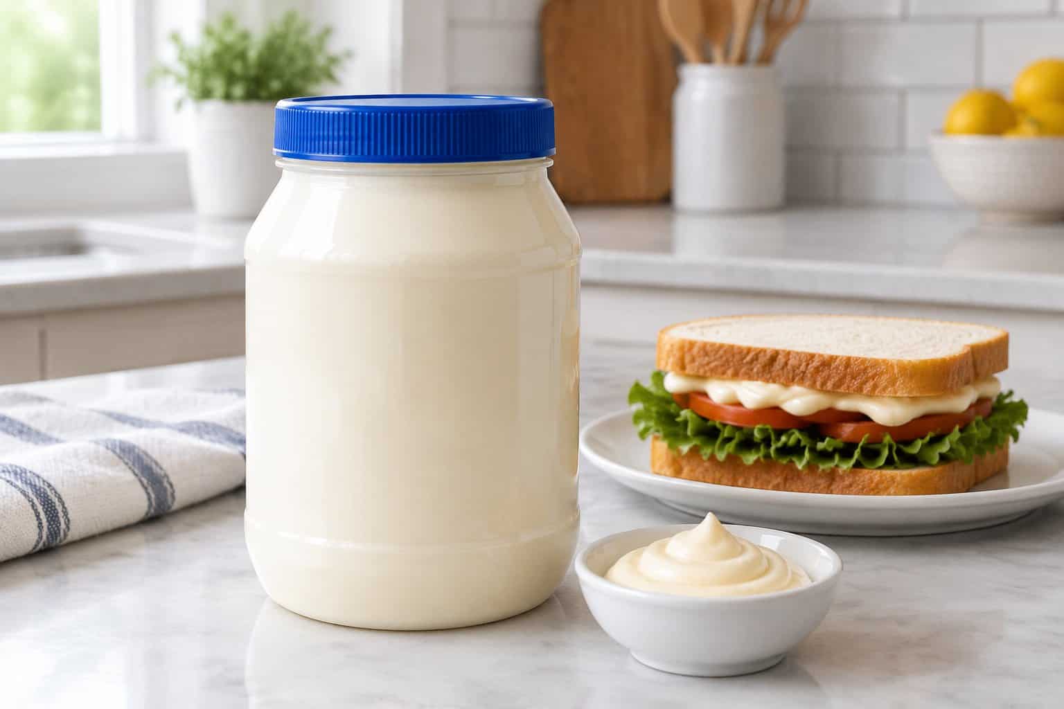 A jar of mayonnaise sits on a kitchen counter beside a sandwich.