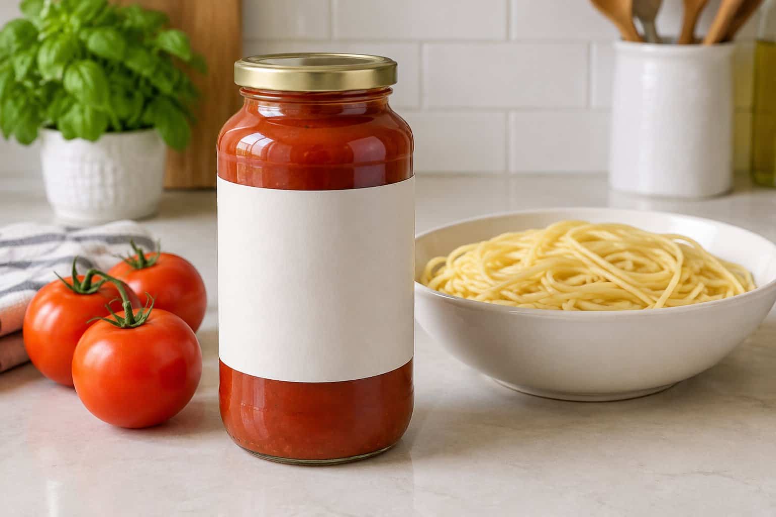 A jar of spaghetti sauce beside a bowl of spaghetti and fresh tomatoes.