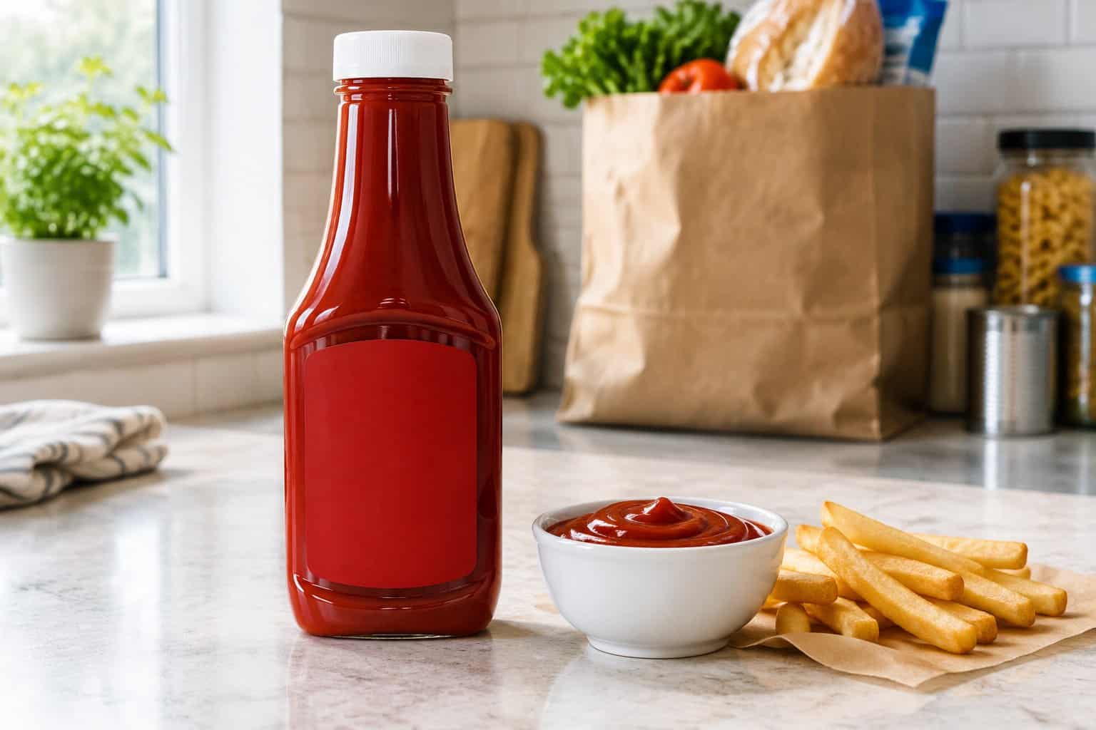 A bottle of ketchup beside a bowl of ketchup and French fries on a kitchen counter.