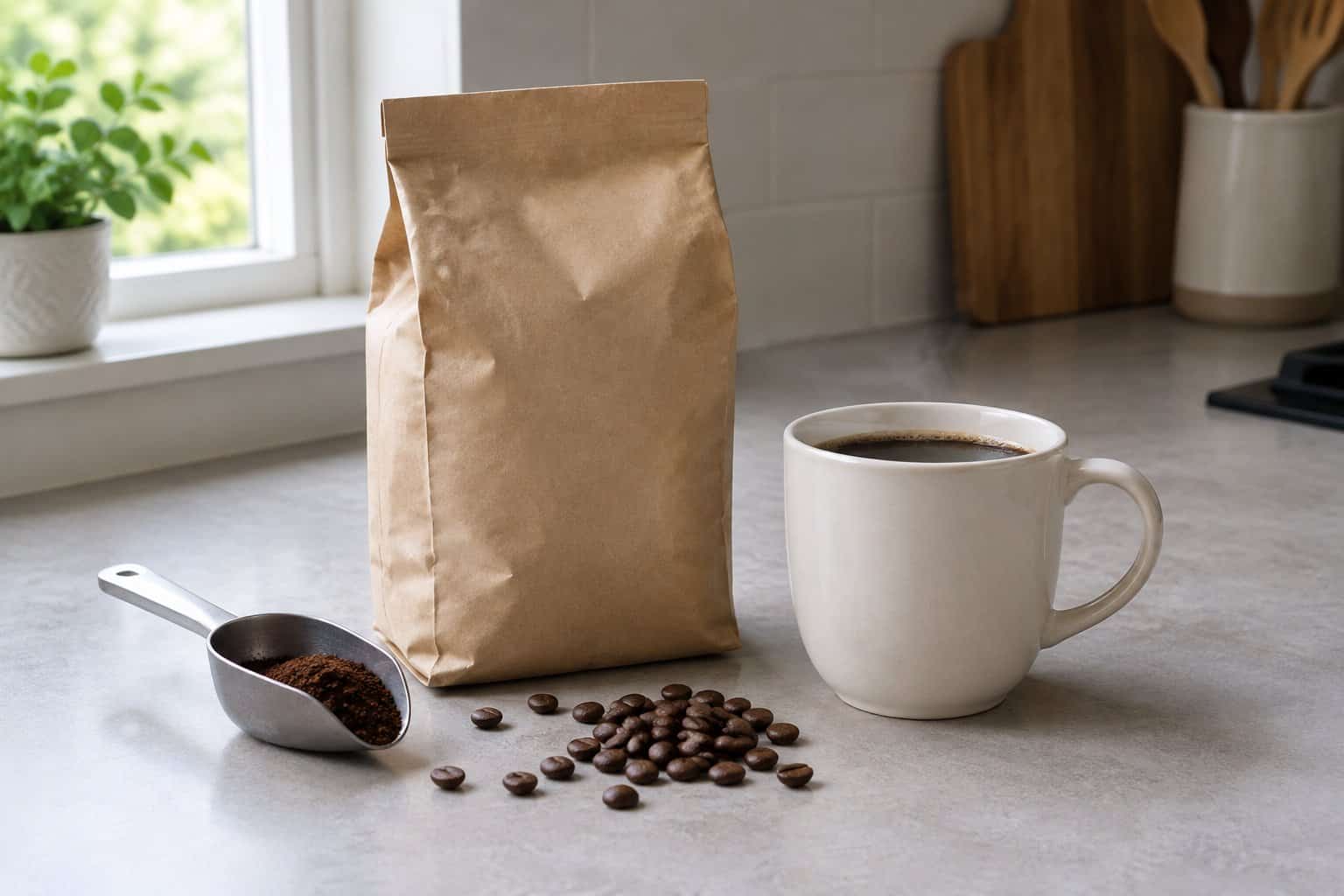 A bag of ground coffee sits beside a cup of brewed coffee on a kitchen counter.
