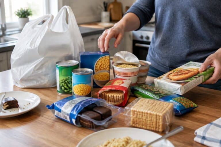 A shopper sorts inexpensive packaged foods on a kitchen table.