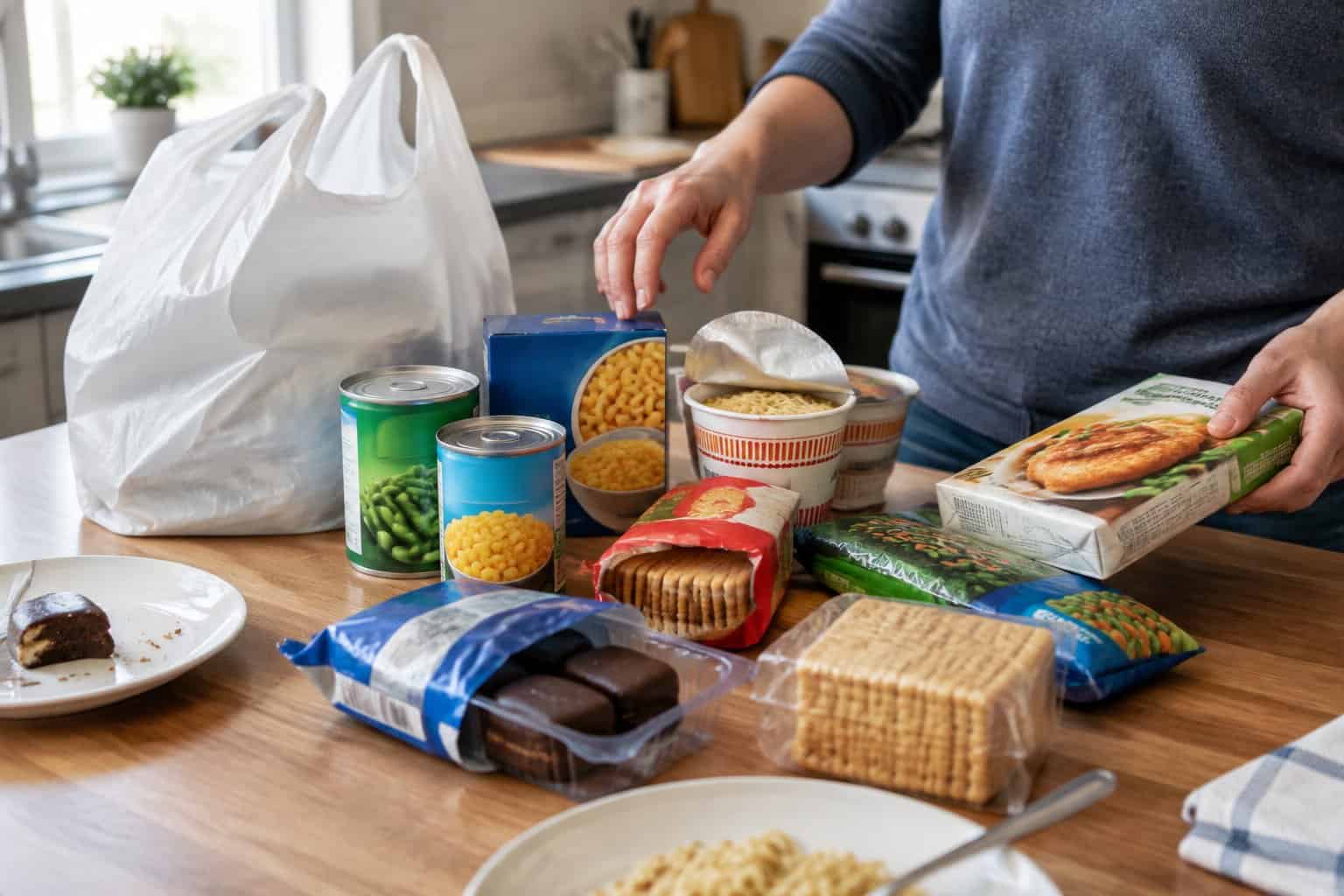 A shopper sorts inexpensive packaged foods on a kitchen table.