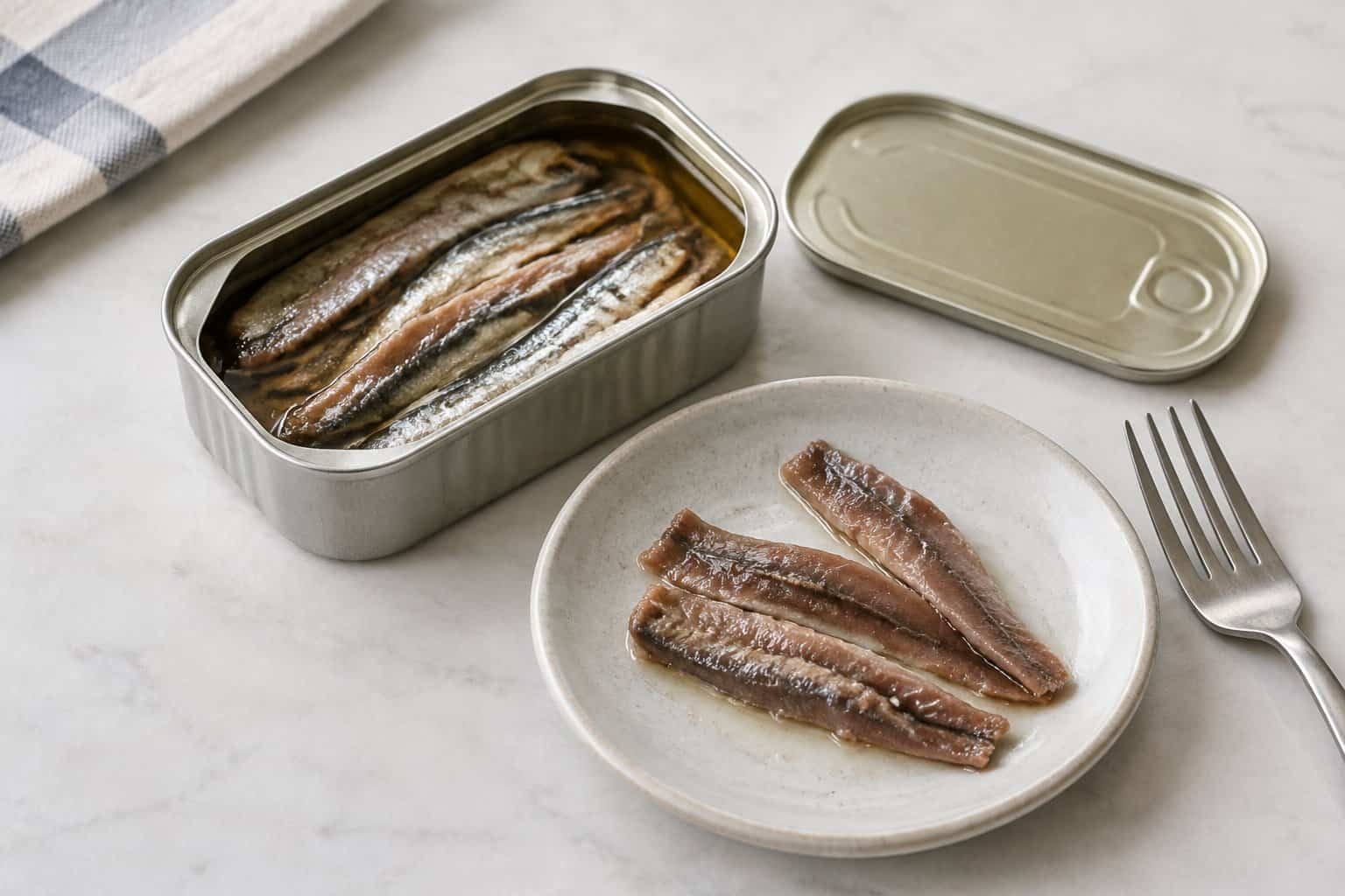 An opened tin of anchovies beside a plate of anchovy fillets.