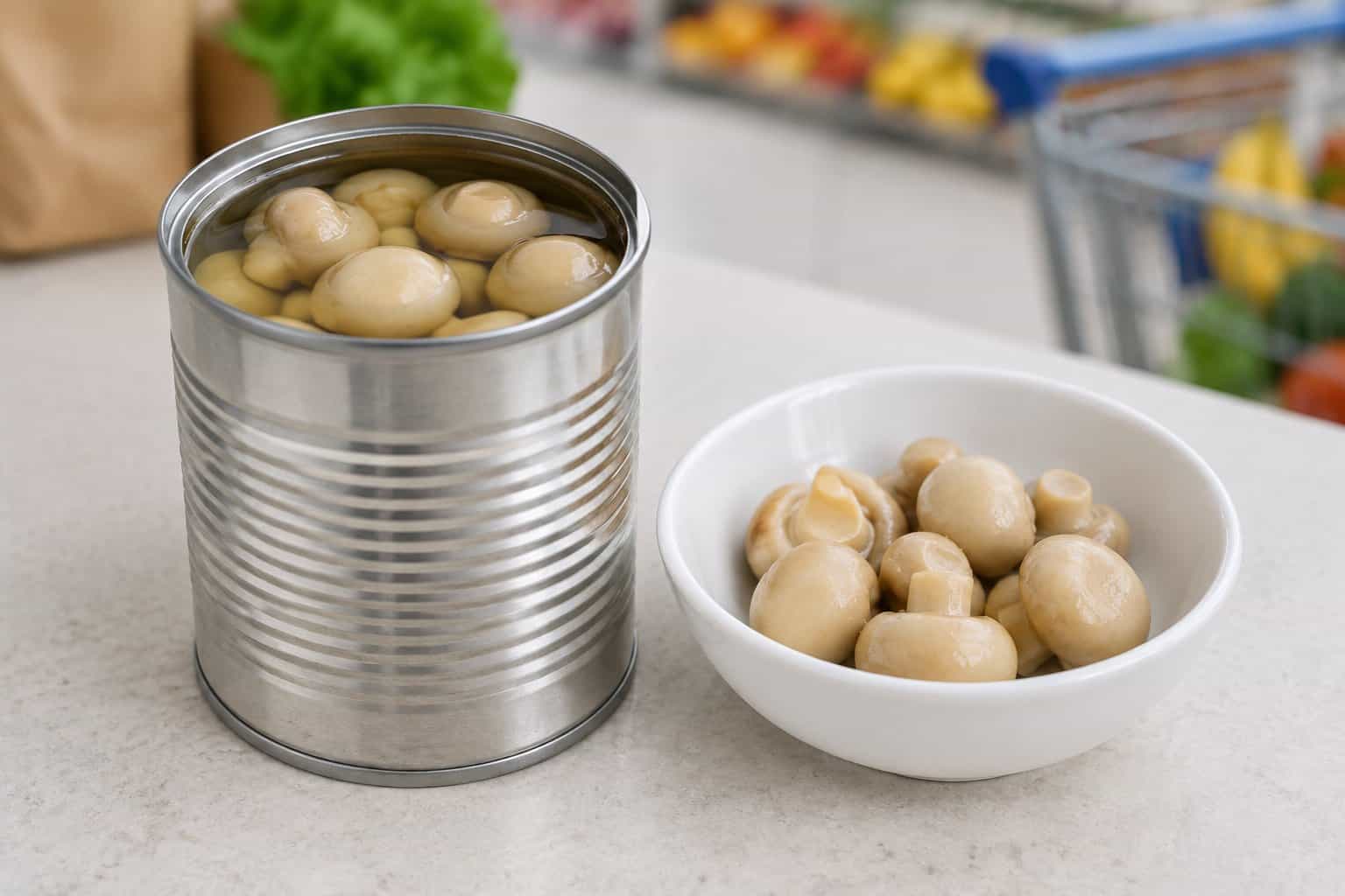 An open can of whole mushrooms beside a dish of drained mushrooms.