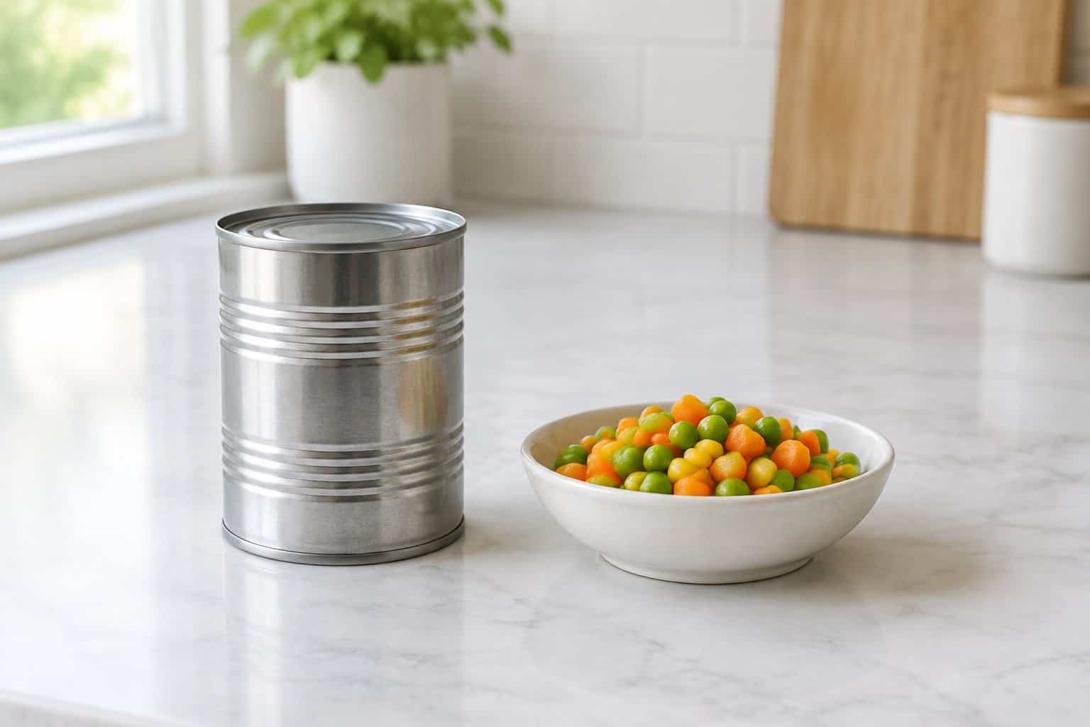 A can of mixed vegetables beside peas, carrot cubes, and corn on a kitchen counter.