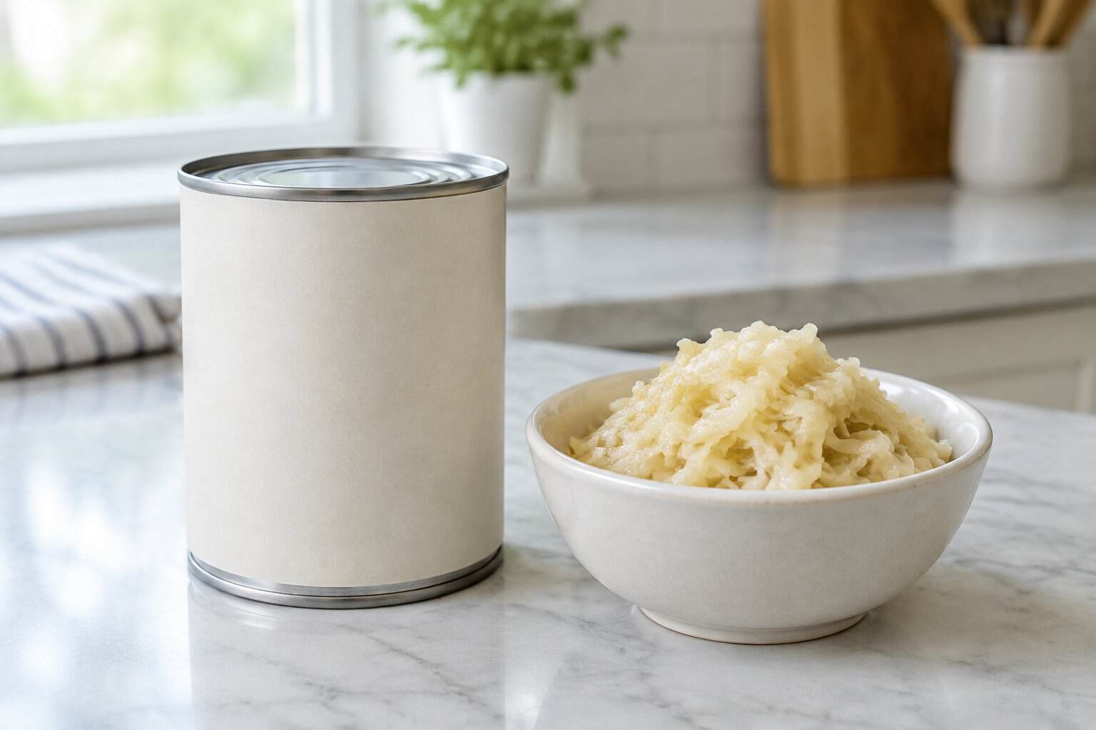 A can of sauerkraut beside a bowl of shredded cabbage on a kitchen counter.