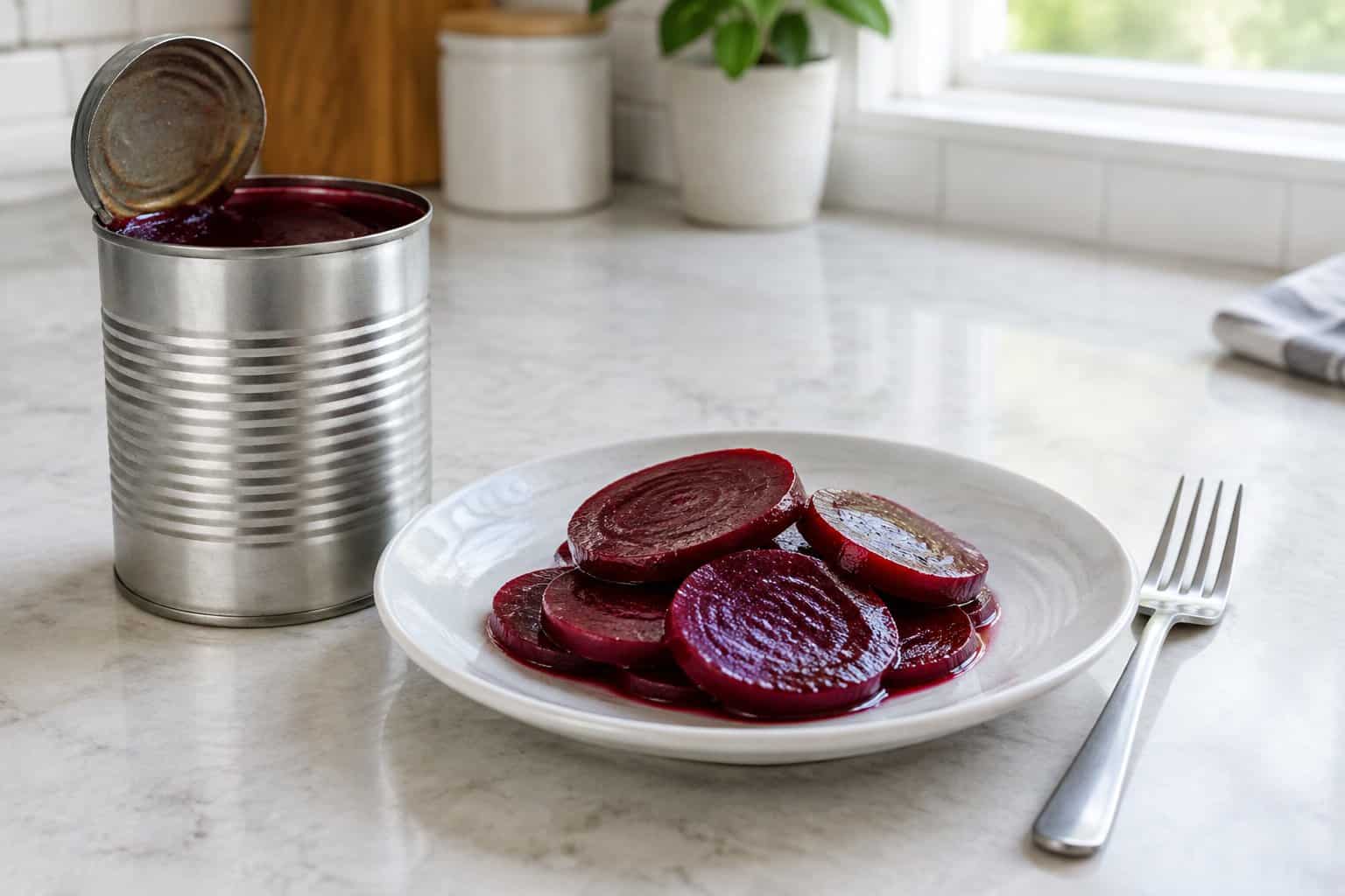 An open can of sliced beets beside a plate of beet slices.