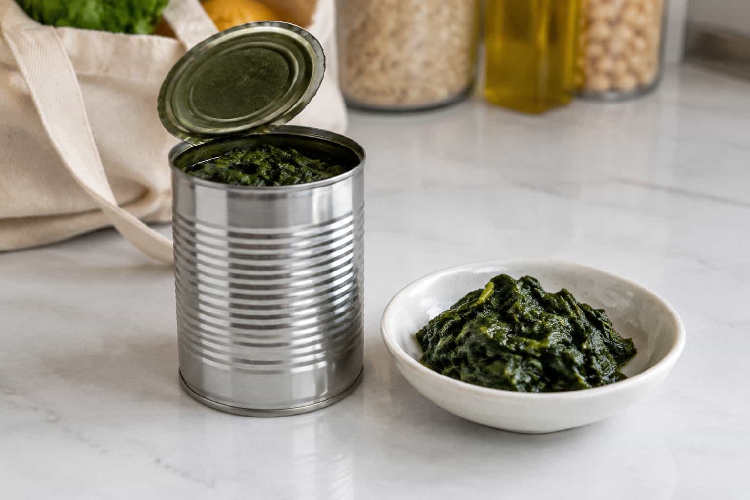 An opened can of spinach and a small serving of spinach on a kitchen counter.