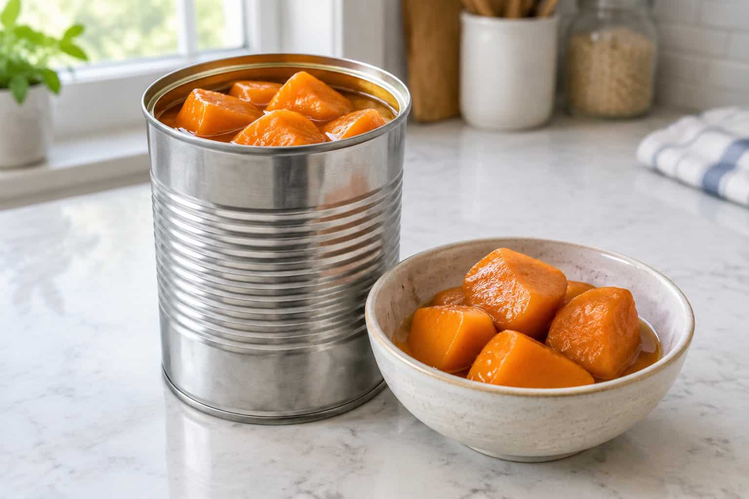 Orange yams in syrup served beside an opened can.