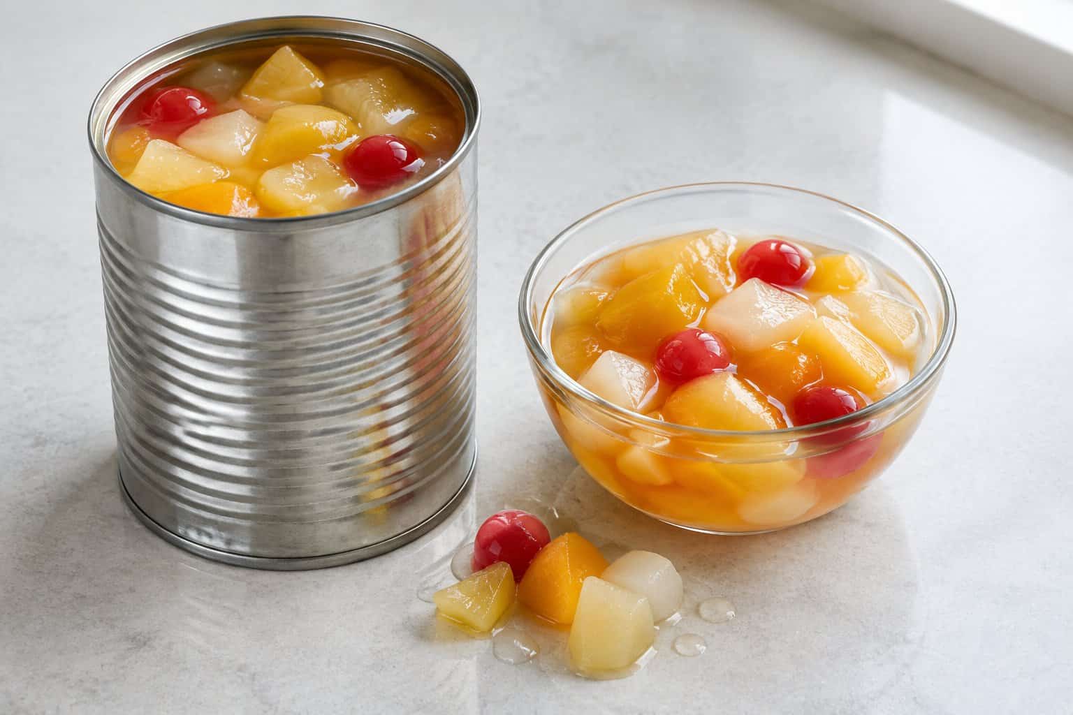 An open can of fruit cocktail beside a bowl of diced fruit in syrup.