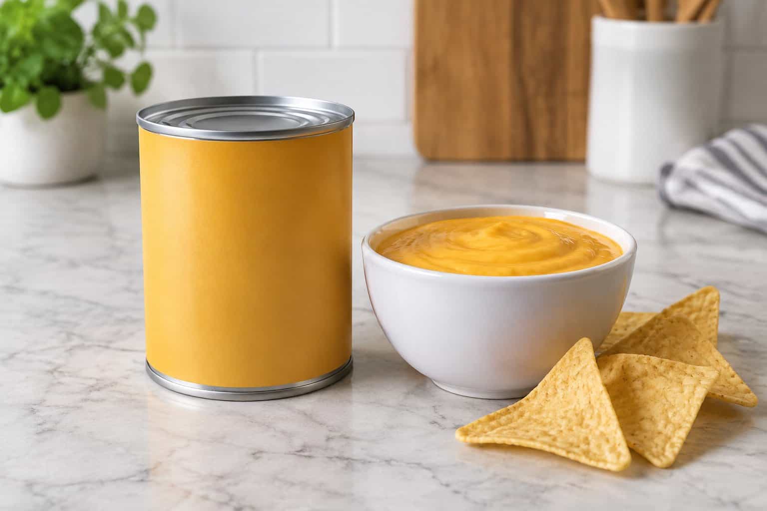 A can of cheese sauce beside a bowl of cheese sauce and tortilla chips.