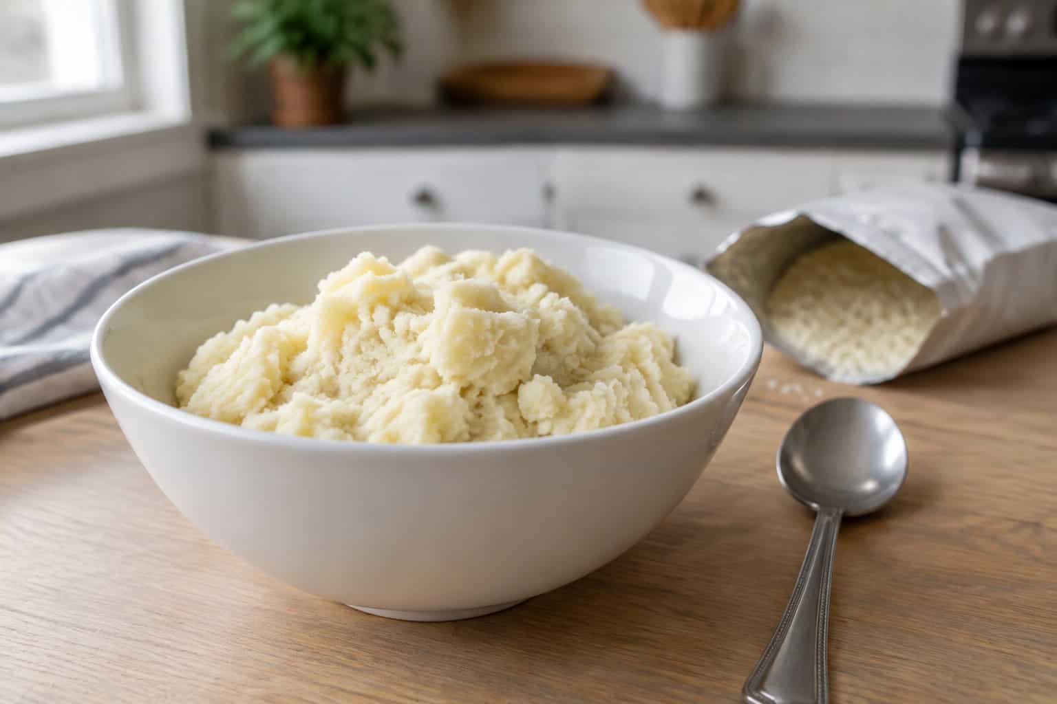 A bowl of instant mashed potatoes with a spoon and an opened packet on a kitchen table.