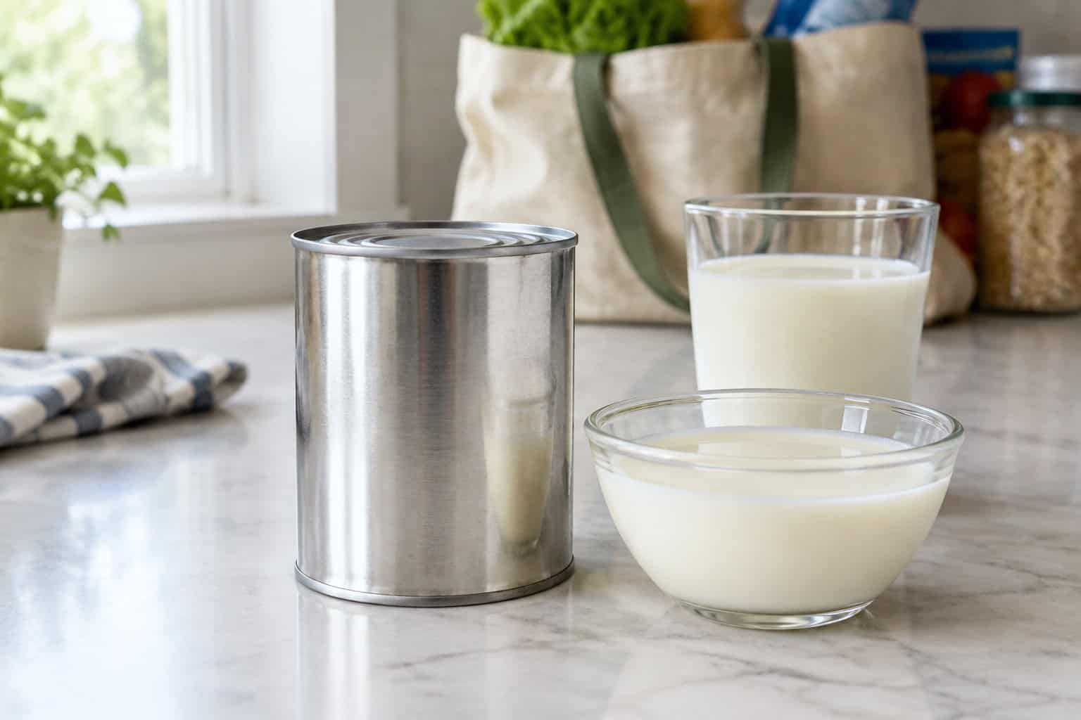 A can of evaporated milk beside a bowl and glass on a kitchen counter.