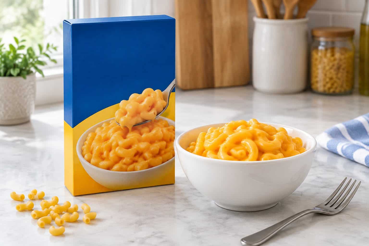 A bowl of orange macaroni and cheese beside a plain cardboard food box.