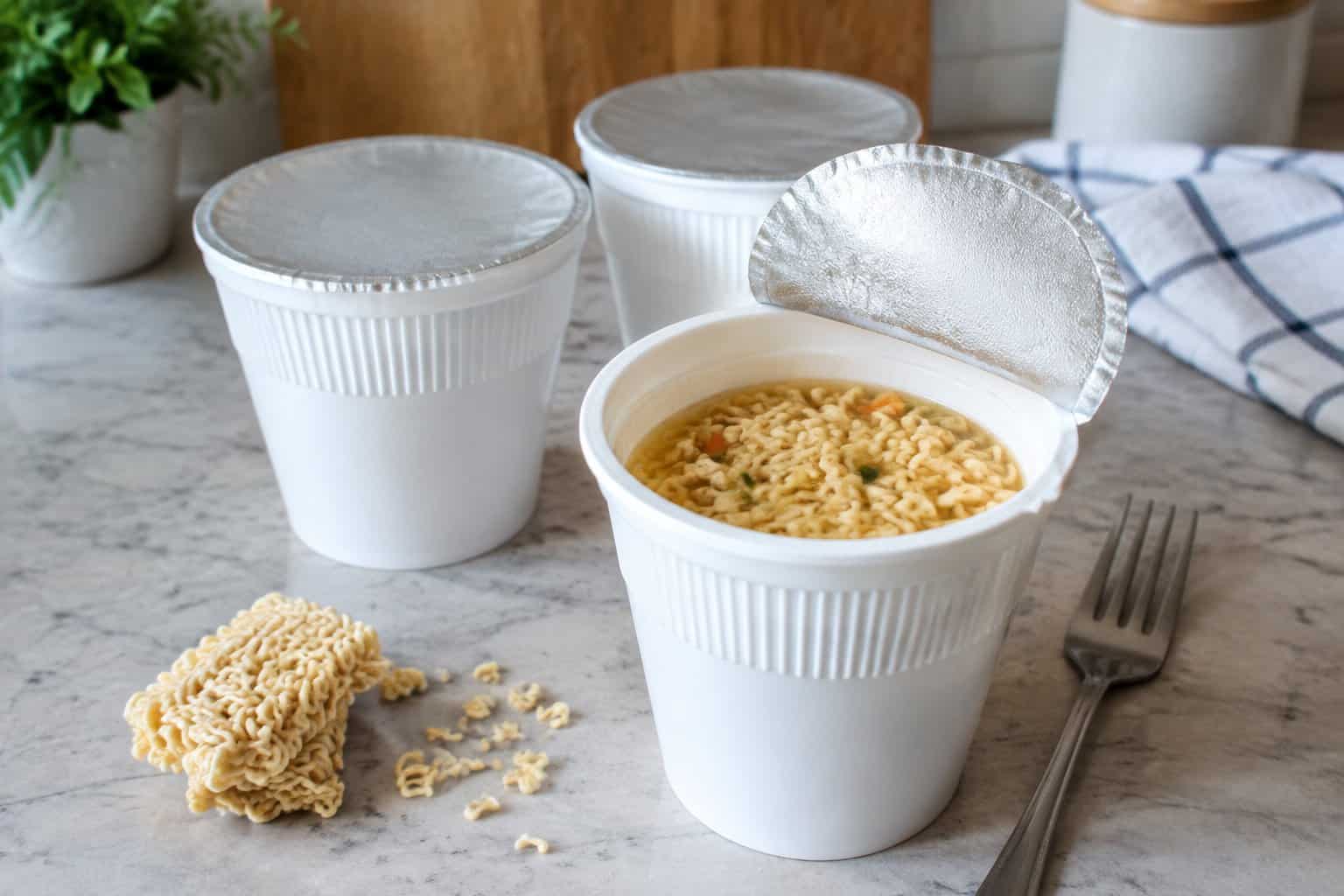 Several instant noodle soup cups sit on a kitchen counter, including one open cup.
