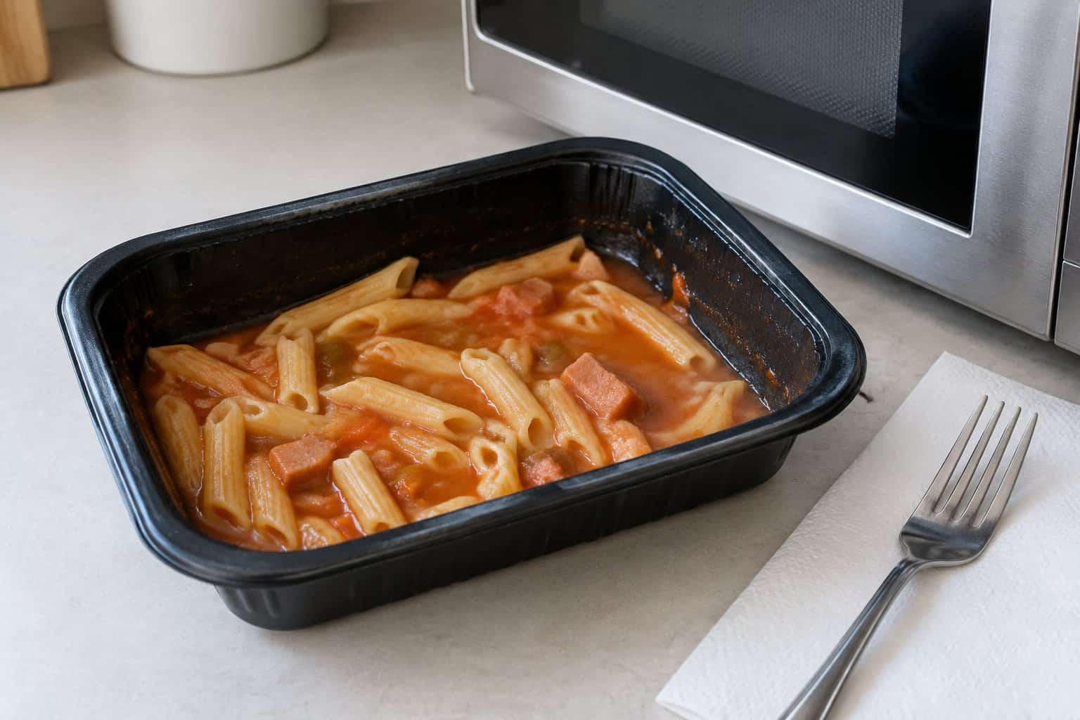 A tray of soft pasta in watery tomato sauce sits beside a microwave.