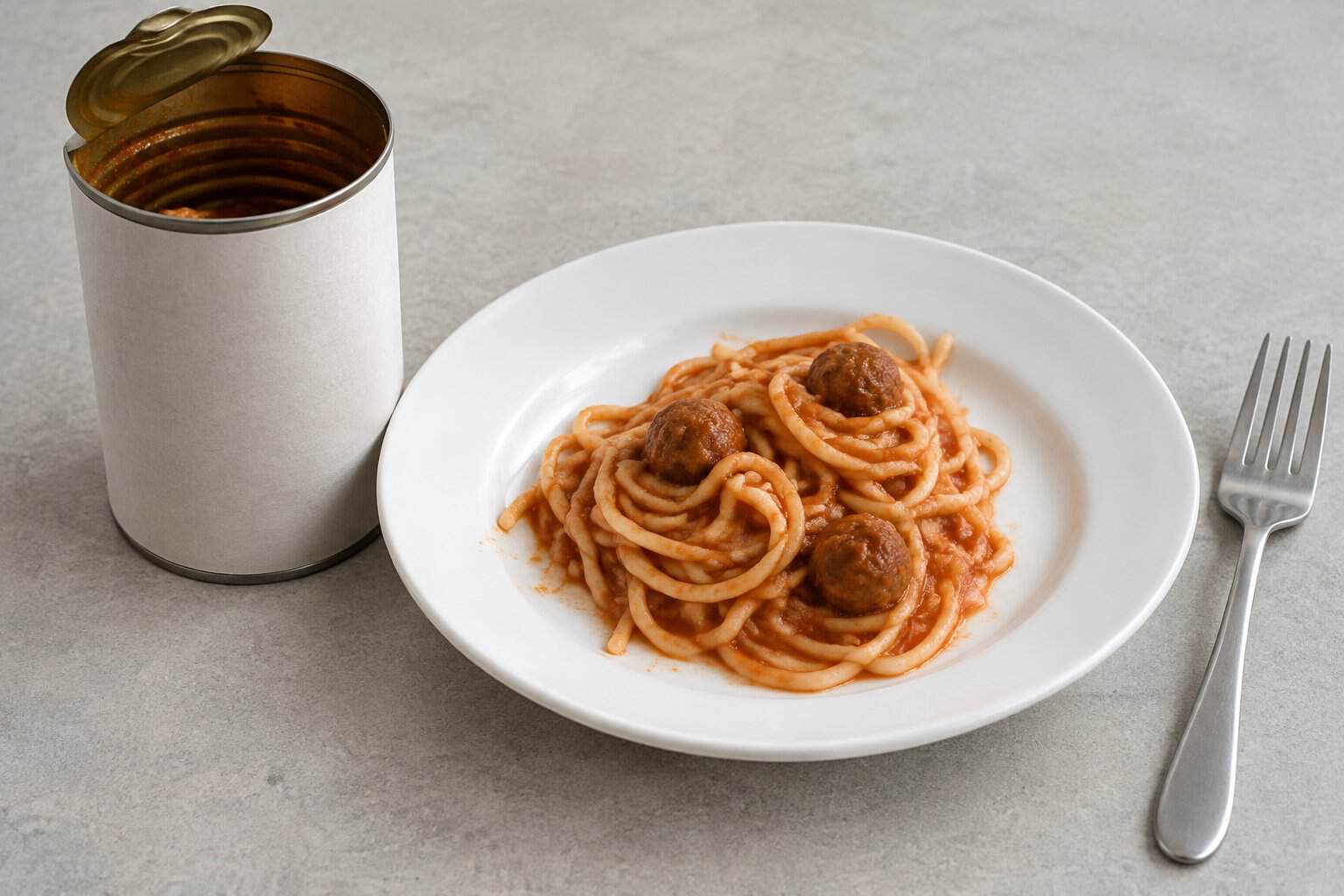 An opened can of spaghetti and meatballs sits beside a serving on a white plate.