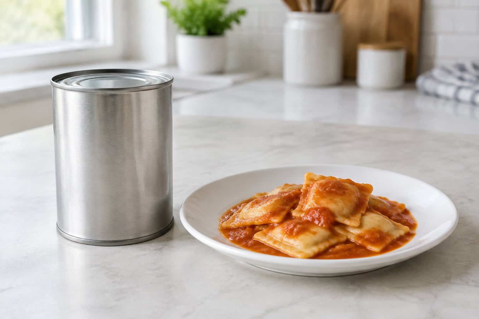 A can of ravioli sits beside a plate of sauced ravioli on a kitchen counter.