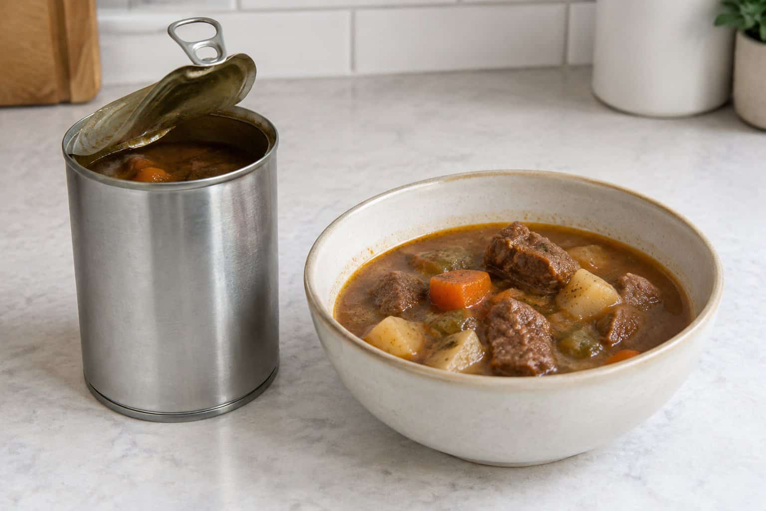 An open can of beef stew beside a bowl of stew on a kitchen counter.