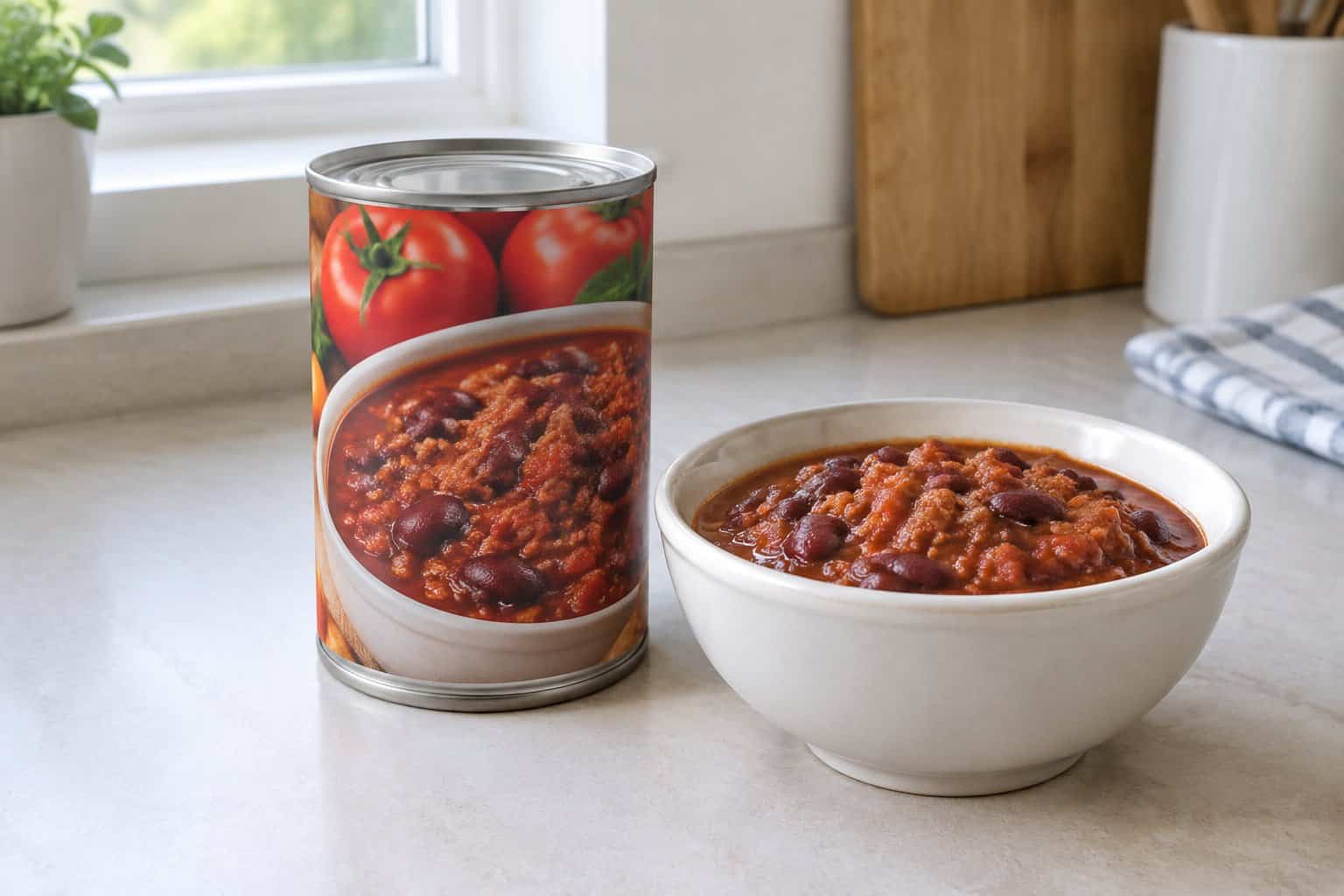 A can of chili with beans beside a bowl of chili on a kitchen counter.
