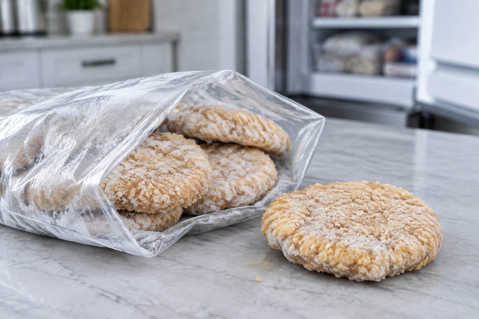 Frozen breaded chicken patties beside an open freezer bag on a kitchen counter.