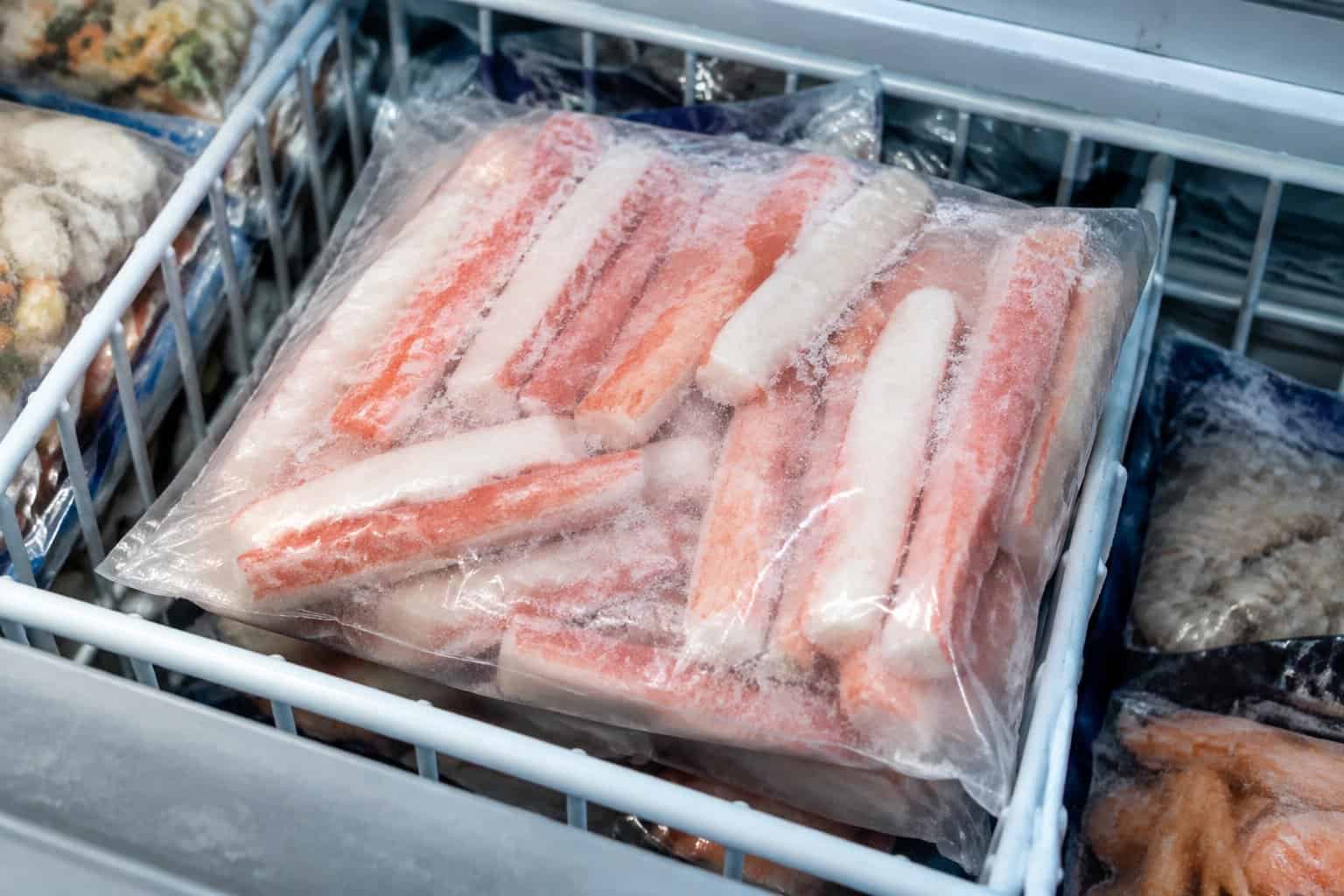 A frosty package of imitation crab sticks in a grocery store freezer.