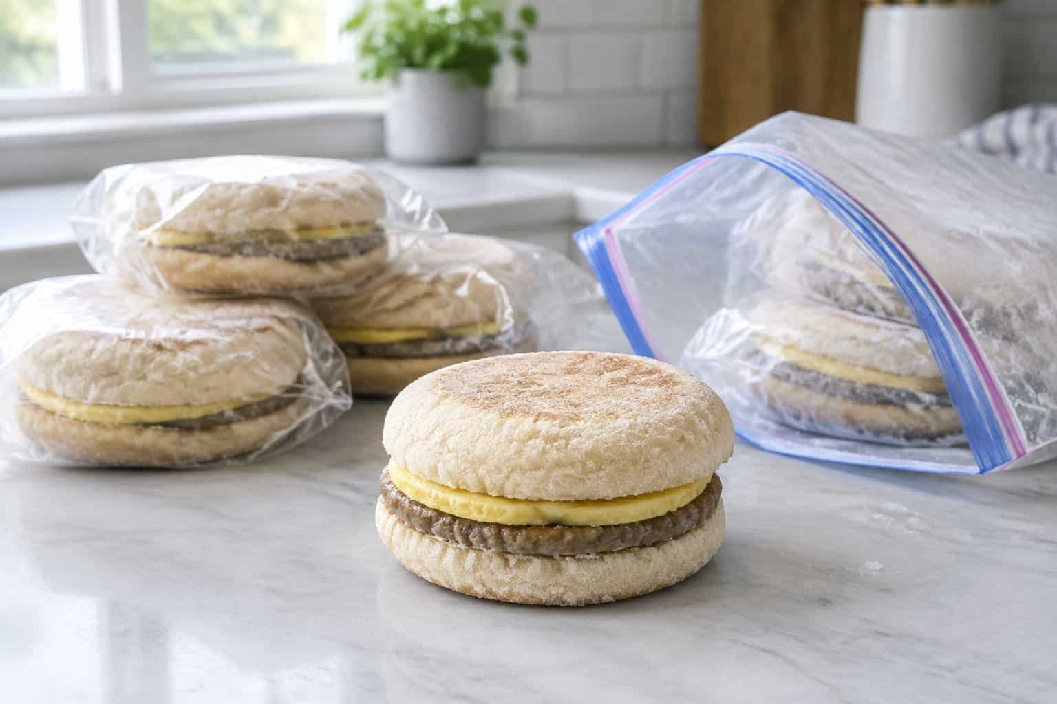 Frozen breakfast sandwiches on a kitchen counter, with one unwrapped to show its filling.