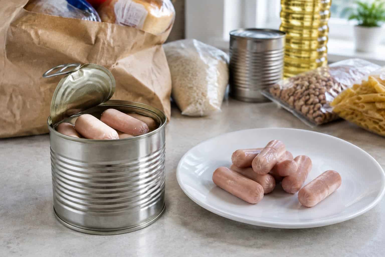 An open can of Vienna sausages beside a plate of sausages on a kitchen counter.