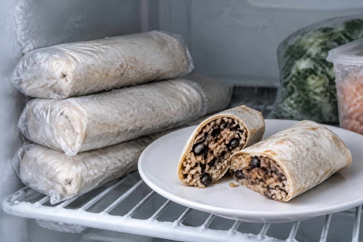 Frozen burritos sit in a freezer, with one cut open on a plate.