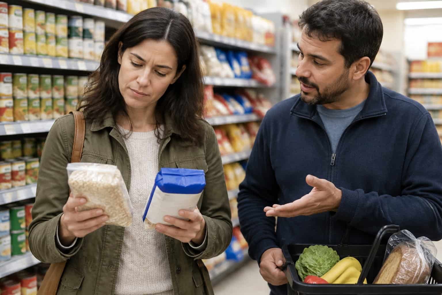 Two shoppers discuss packaged foods in a grocery aisle.