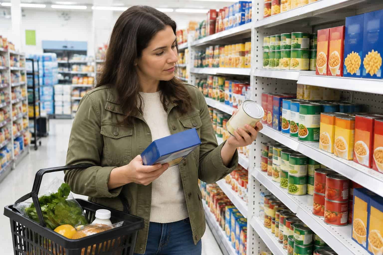 A shopper compares packaged foods in a grocery aisle.