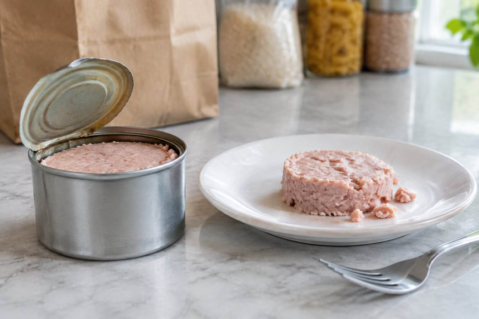 An opened can of potted meat beside a small serving on a plate.