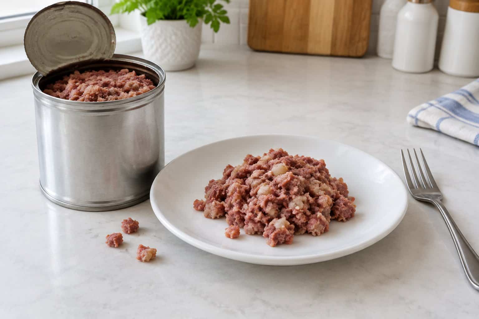 An opened can of corned beef hash beside a serving on a plate.