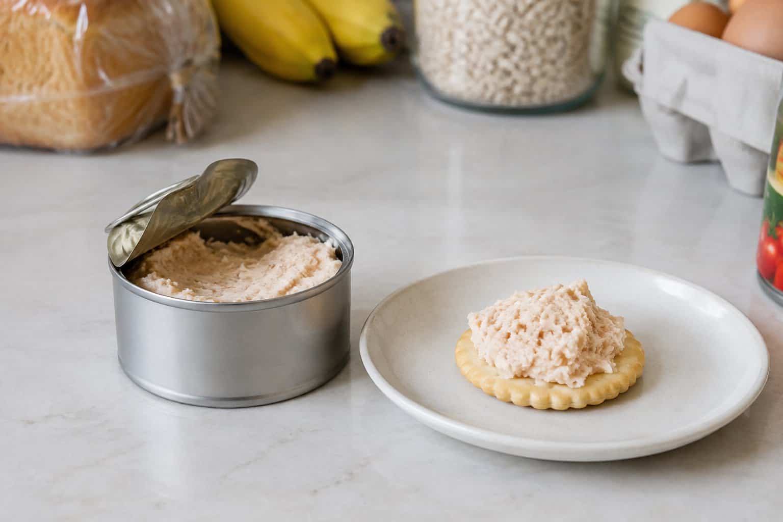 An opened can of chicken spread sits beside a small portion on a plate.