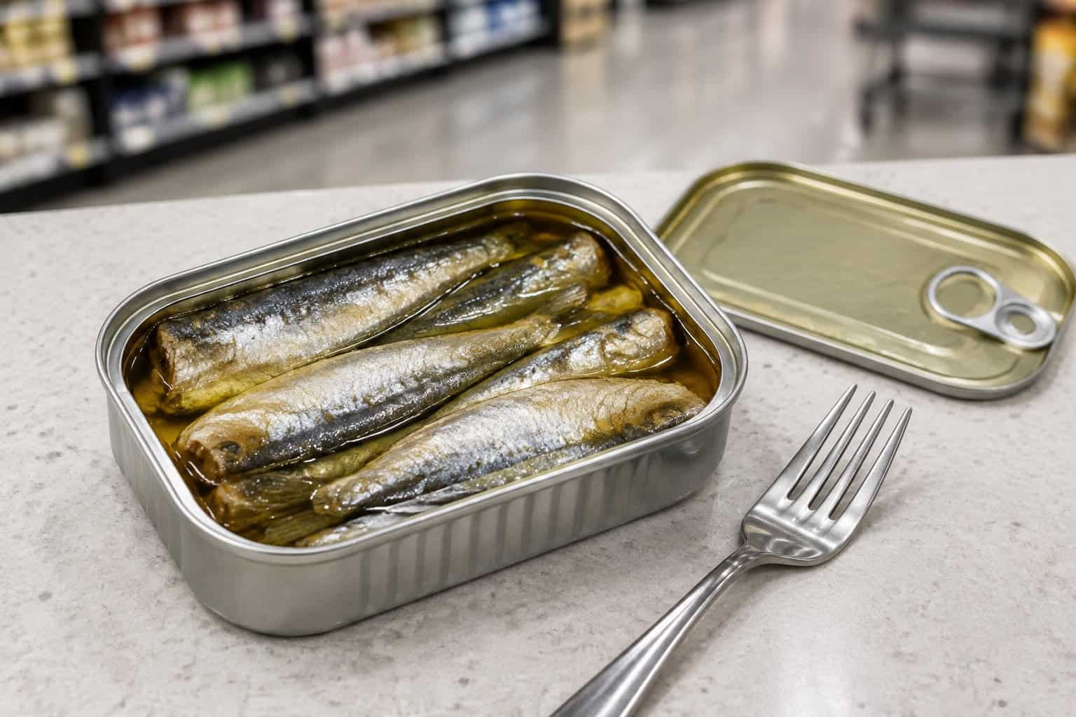 An open tin of sardines in oil with a fork on a counter.