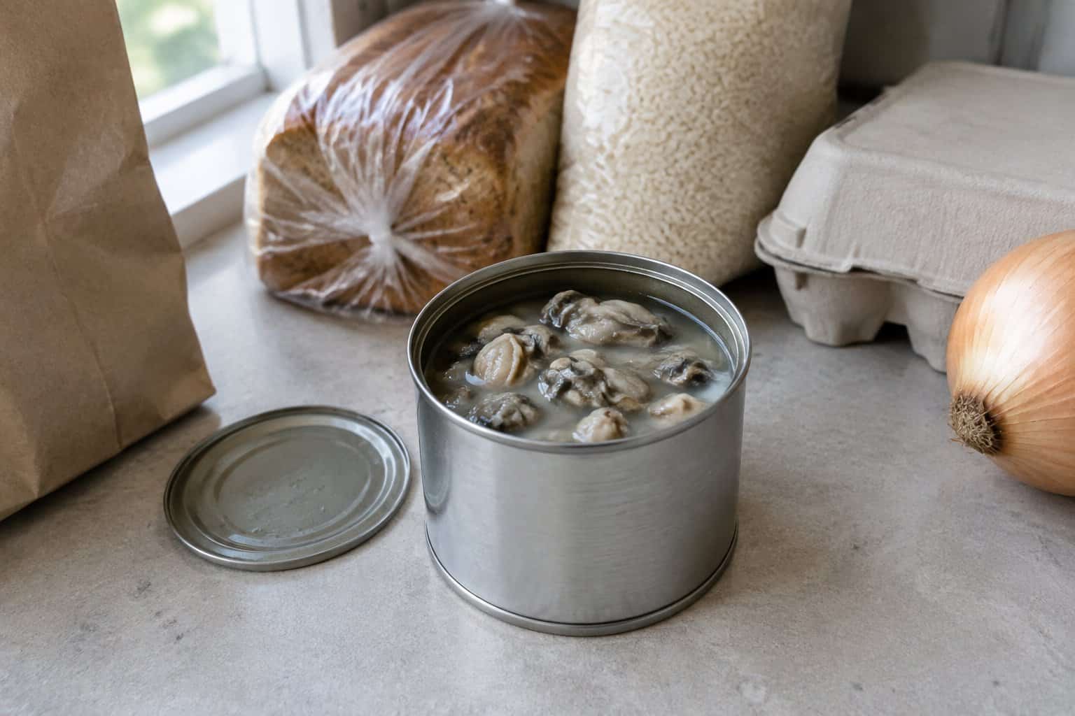 An open can of oyster pieces sits on a kitchen counter beside a grocery bag.