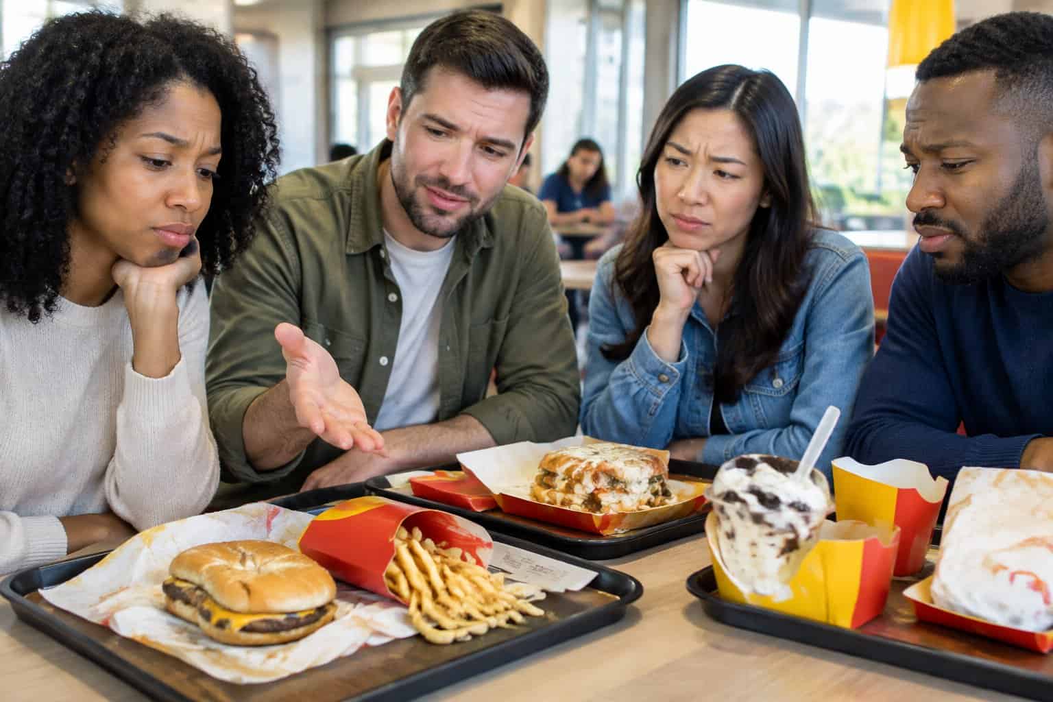 Customers look disappointed as they examine fast-food meals at a restaurant table.