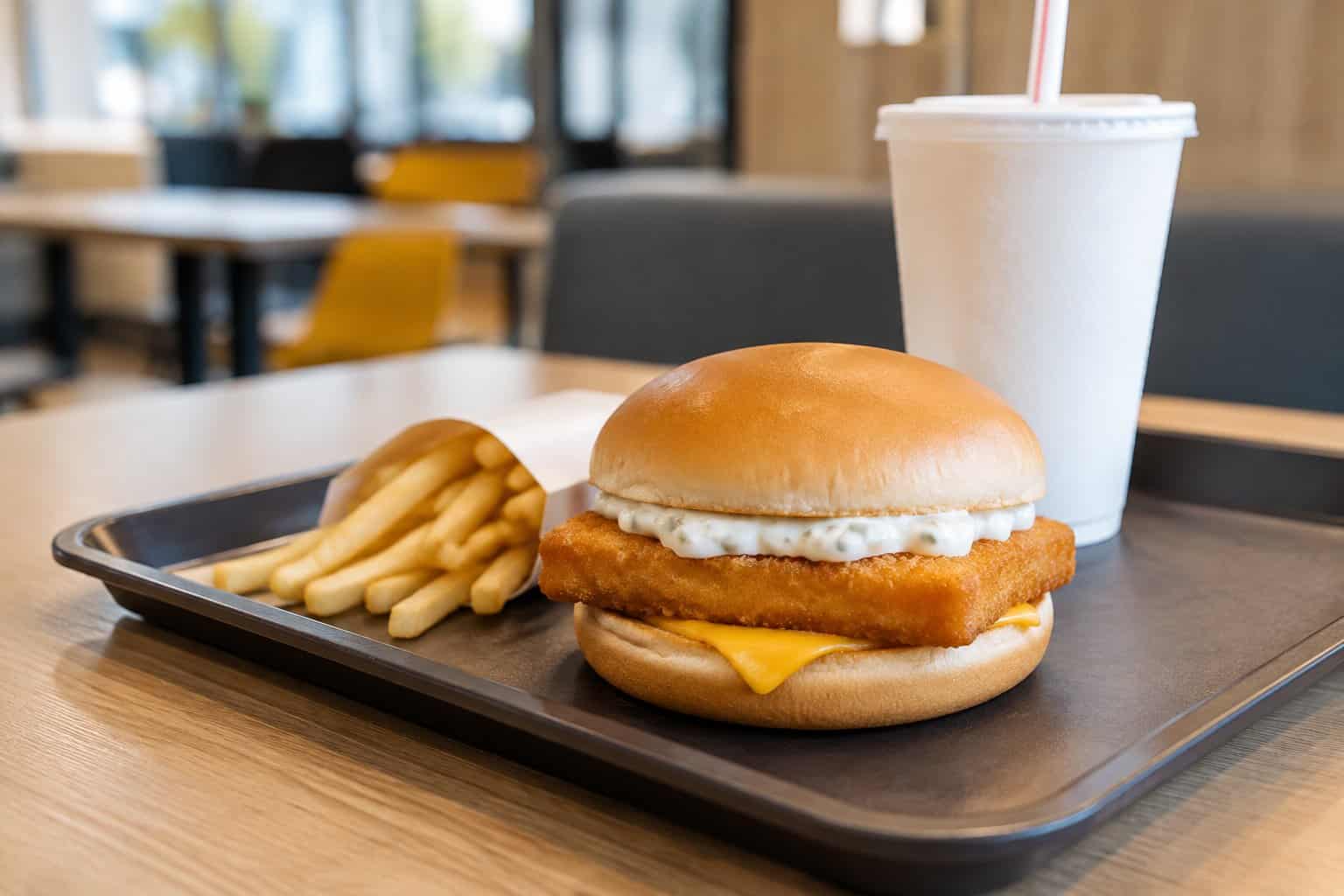 A fish sandwich with tartar sauce and cheese on a tray with fries and a drink.