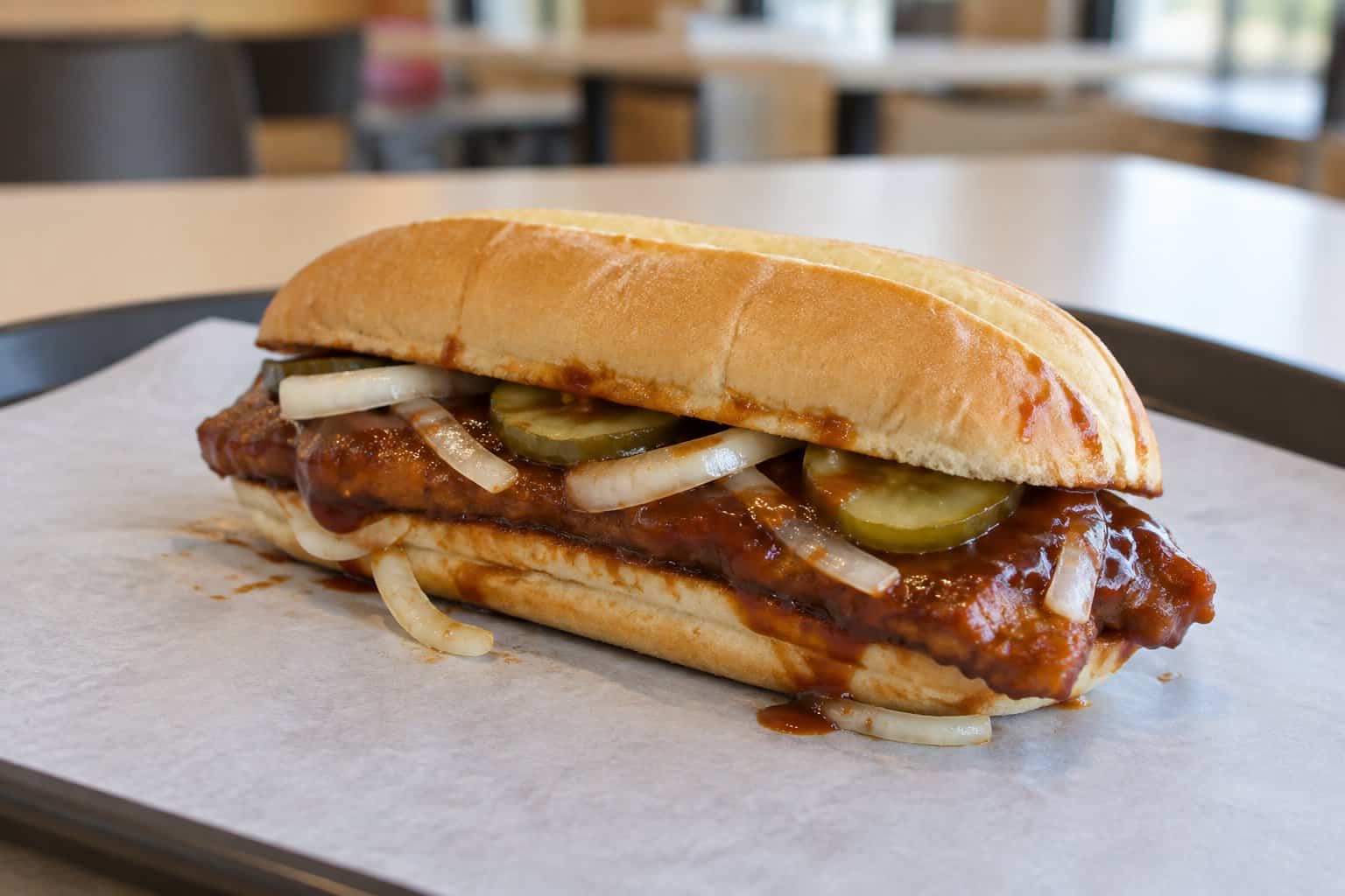 A barbecue pork sandwich with onions and pickles on a tray.