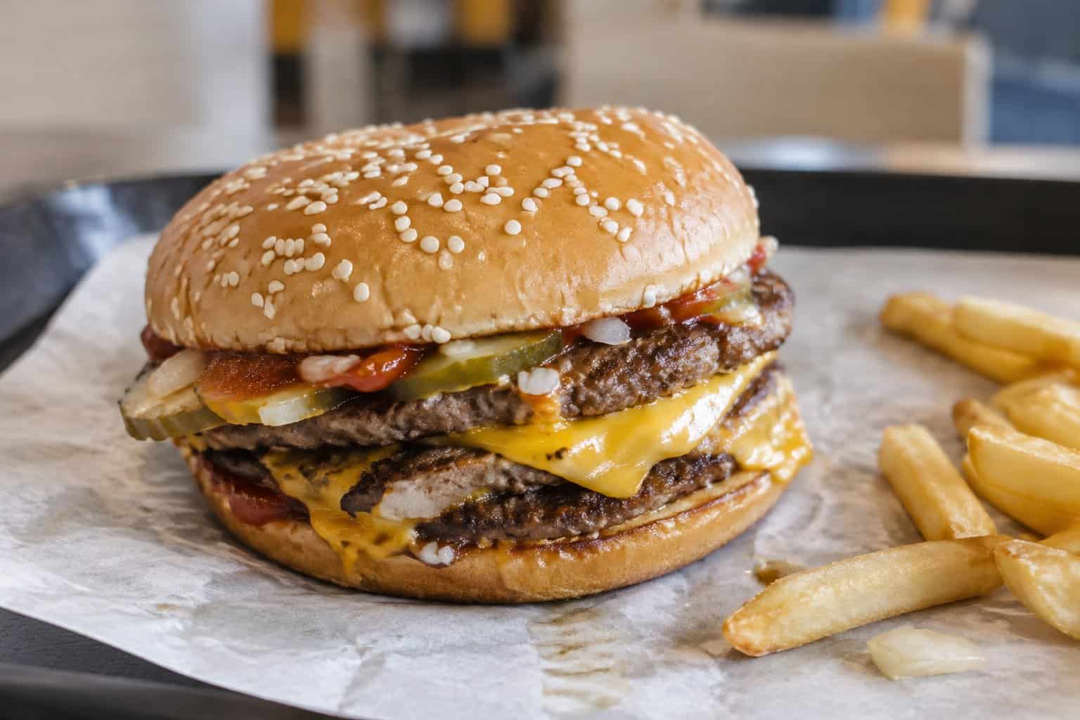 A messy double cheeseburger with fries on a tray.