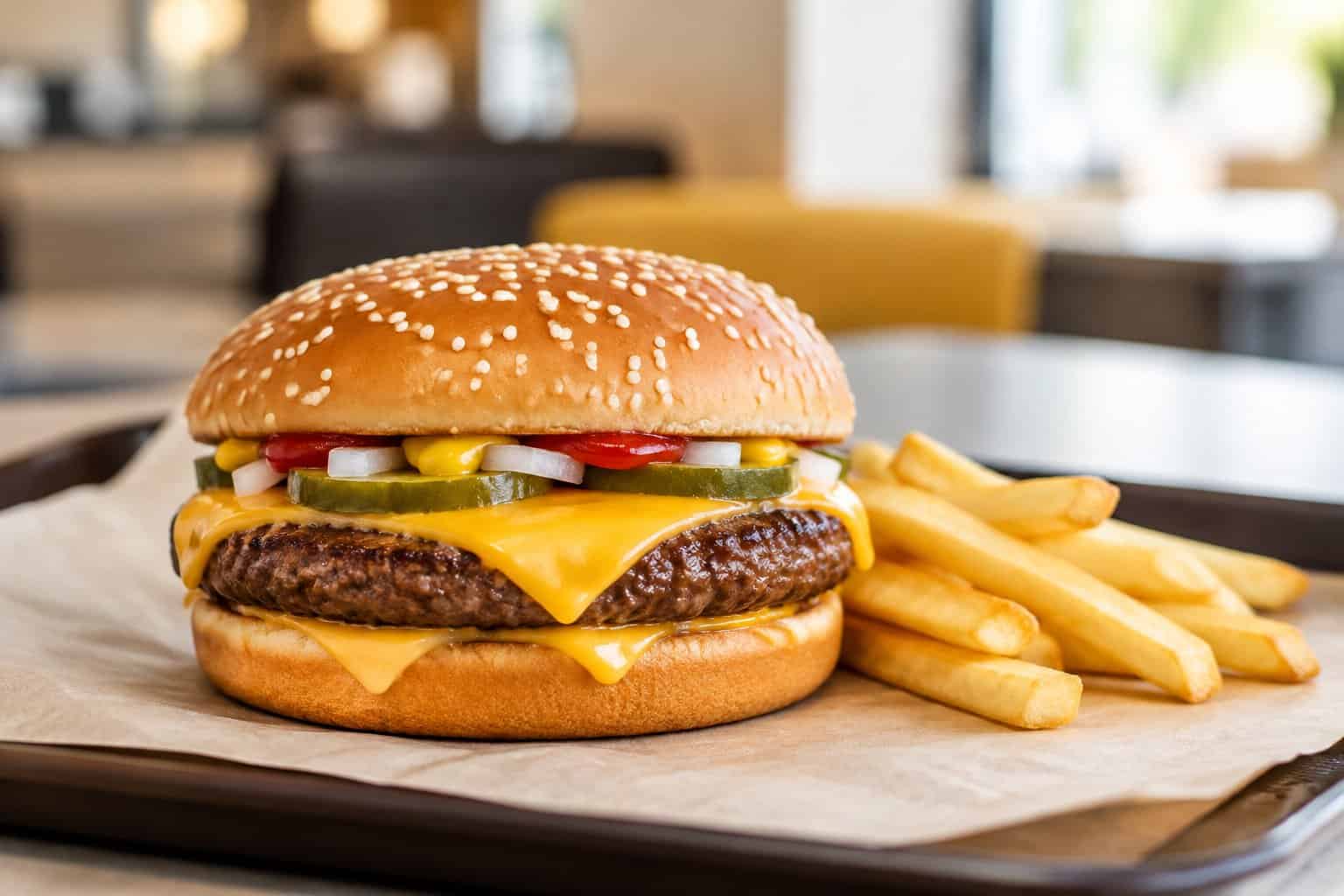A cheeseburger with fries on a tray.