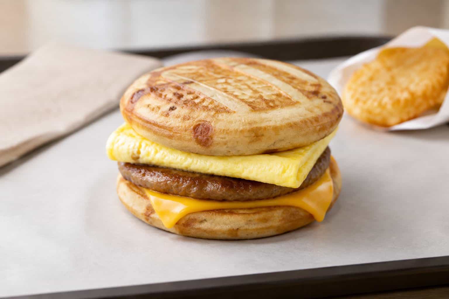 A sausage, egg, and cheese breakfast sandwich on a tray.
